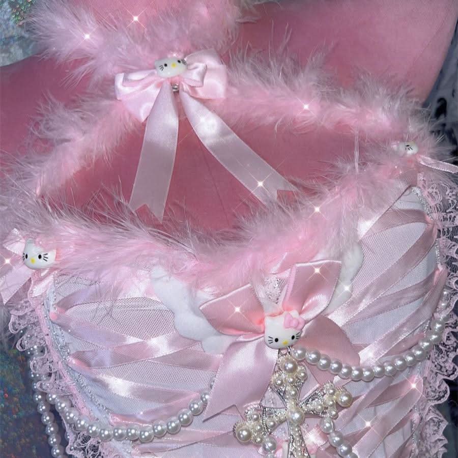 Halter fluffy beaded bowknot "Hello Kitty" pattern backless 2 piece top