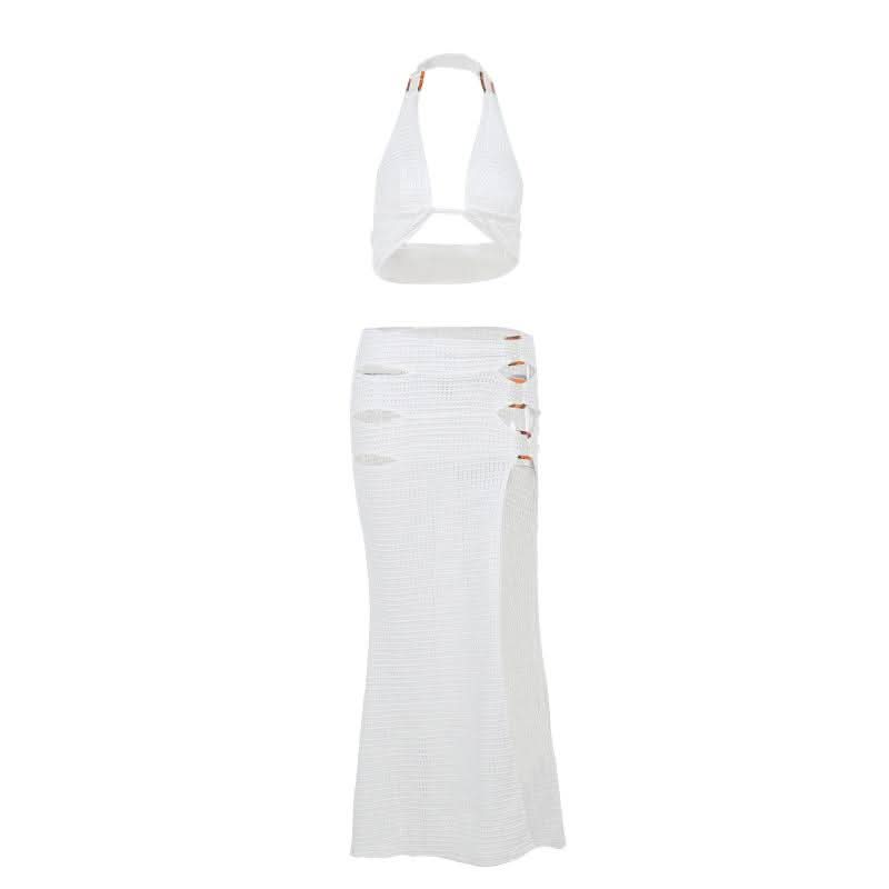 Halter hollow out slit self tie irregular cut out midi skirt set