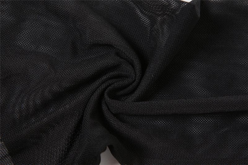 Mesh patchwork contrast long sleeve gloves low cut backless crop top
