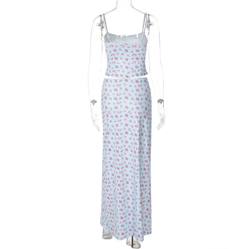 Print lace hem bowknot cami maxi skirt set