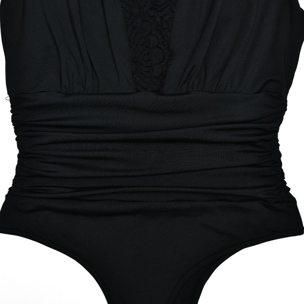 V neck lace hem ruched solid bodysuit