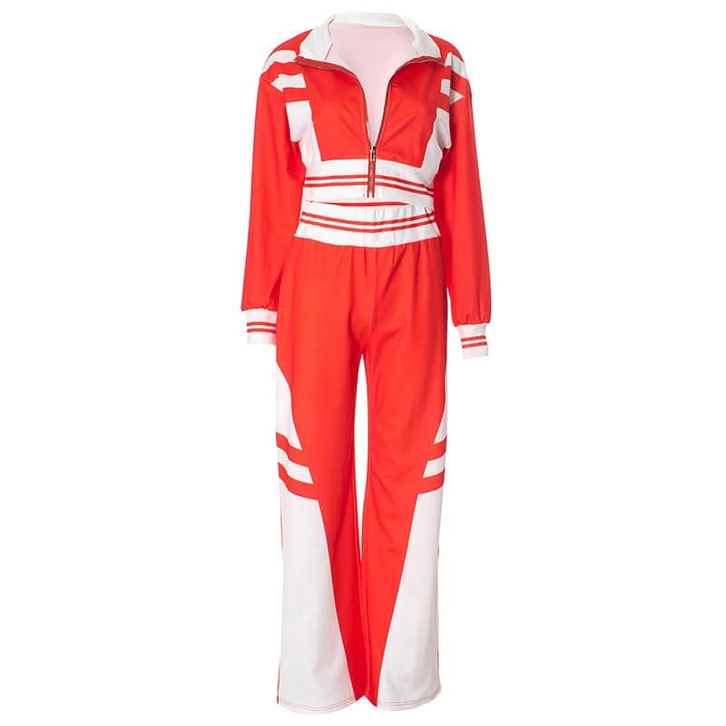Turnover collar zip-up contrast sports pants set