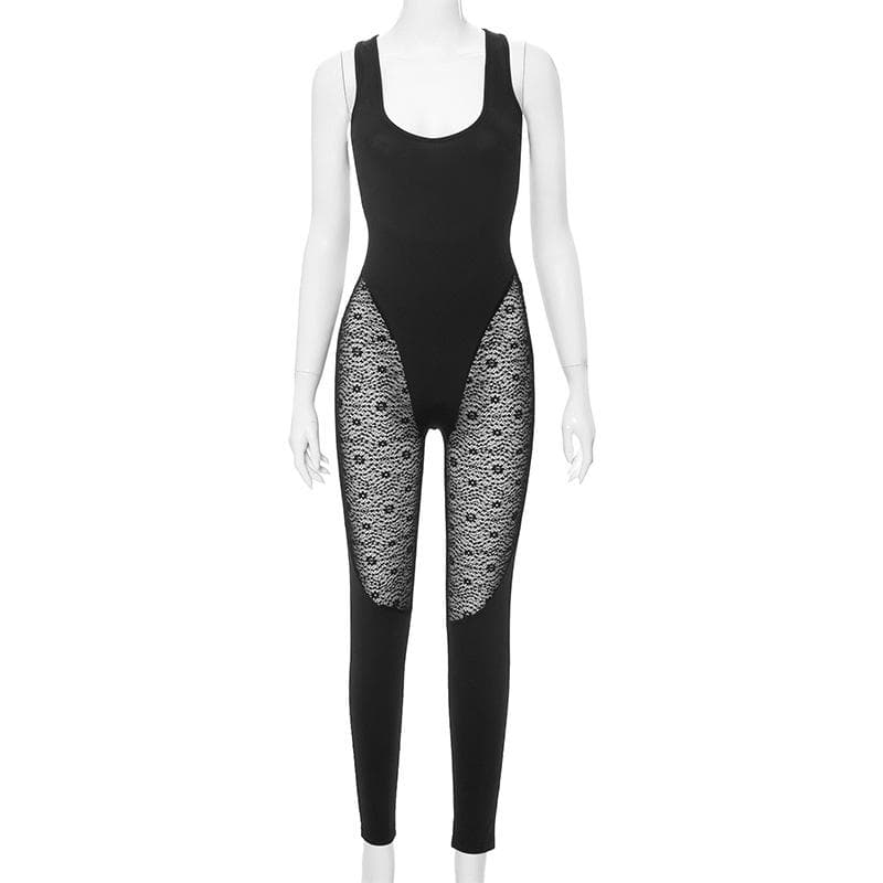U neck sleeveless lace patchwork solid jumpsuit