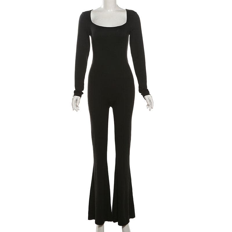 Long sleeve u neck backless self tie solid jumpsuit-final-sale