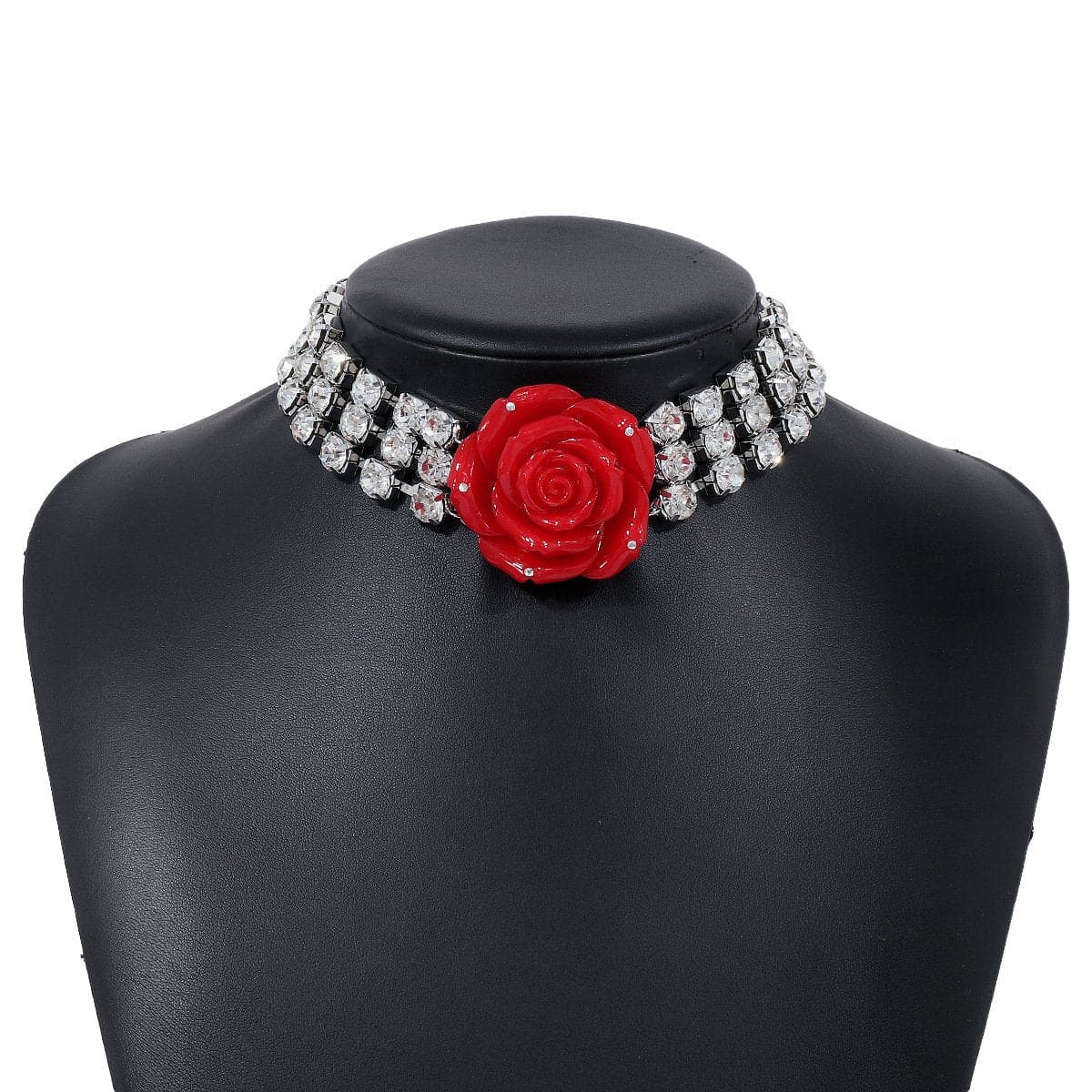 Rhinestone rose decor layered choker necklace