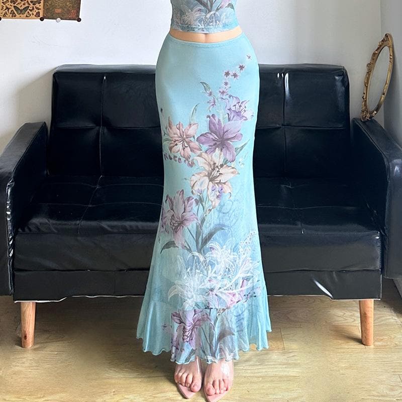 Ruched ruffle cowl neck flower print mesh maxi skirt set