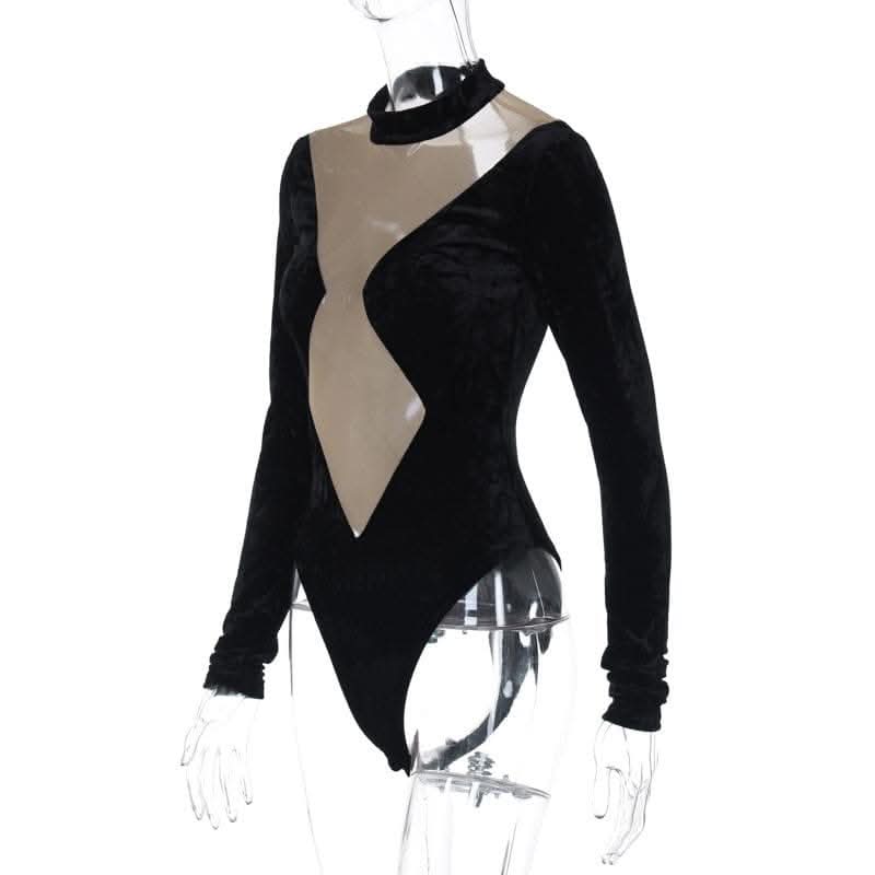 Long sleeve velvet high neck mesh patchwork button bodysuit-final-sale