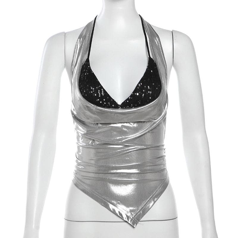 Halter metallic glitter cowl neck ruched 2 piece top