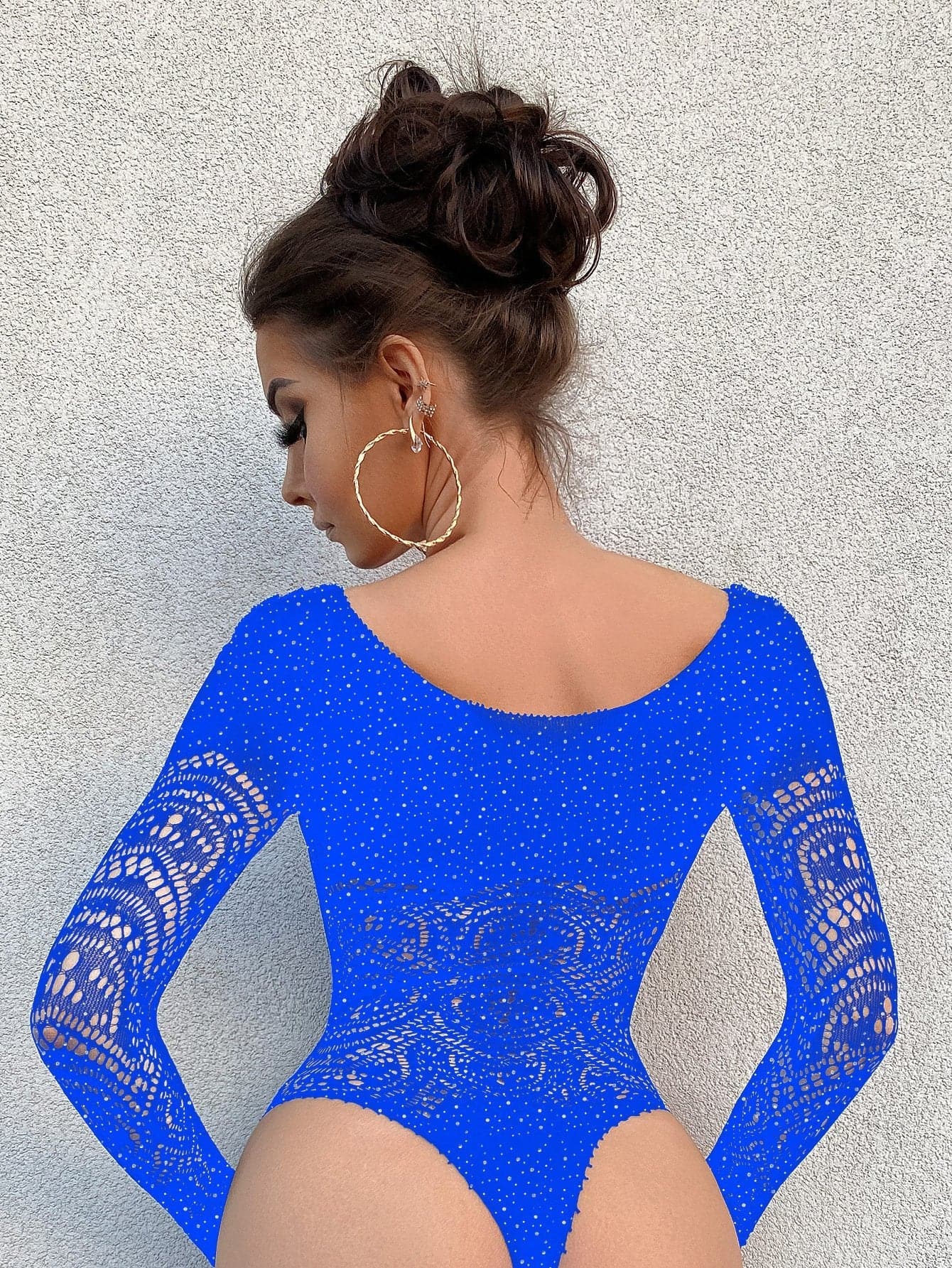 Long sleeve net rhinestone backless bodysuit