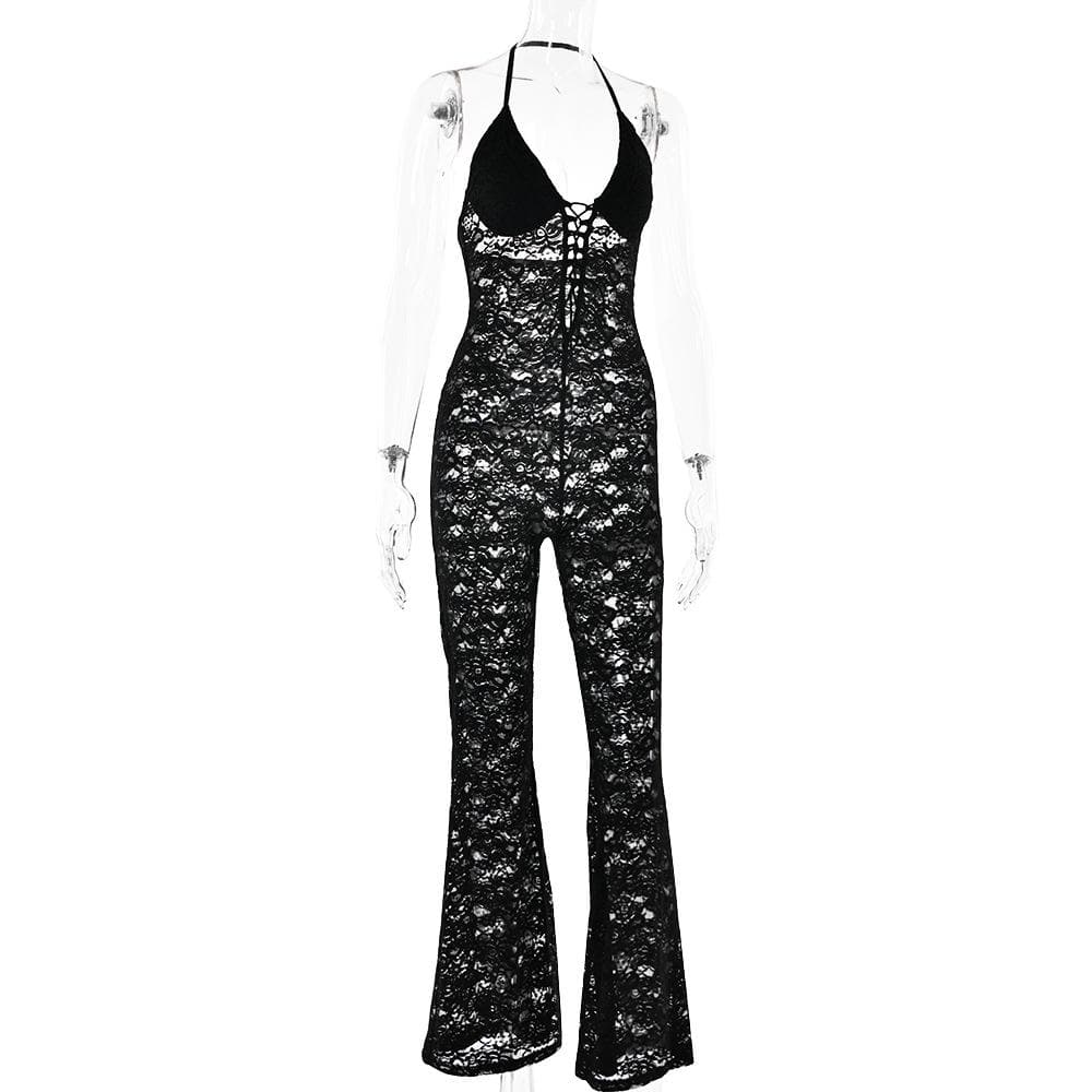 Halter lace lace up see through jumpsuit