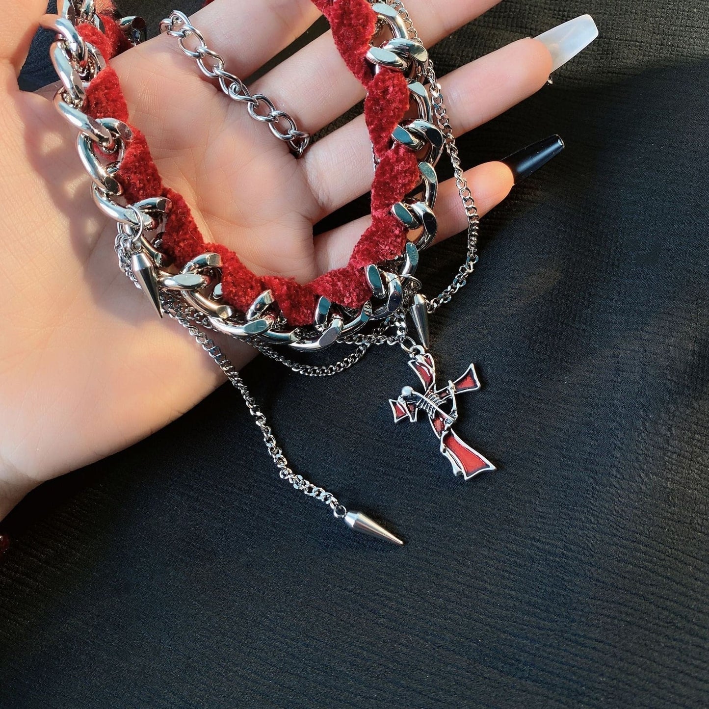Layered cross pendant choker necklace