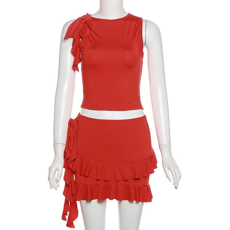Crewneck ruffle solid self tie mini skirt set