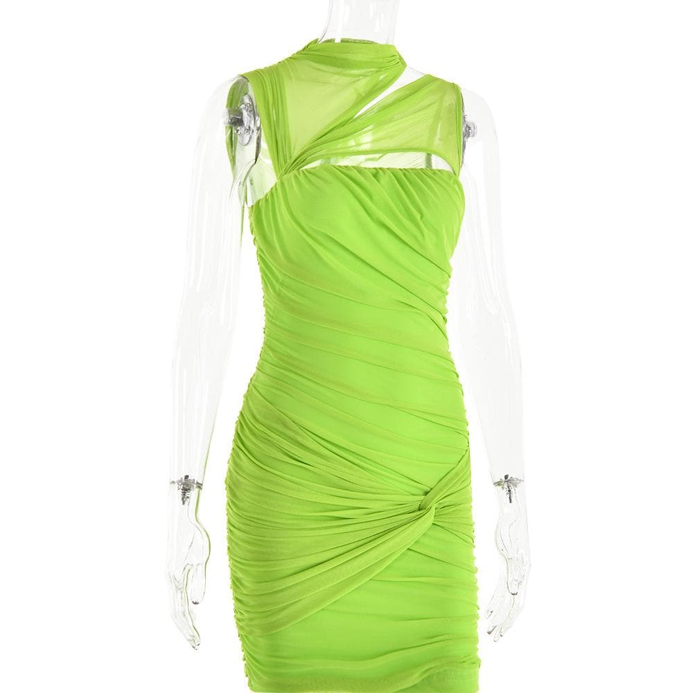 Sleeveless irregular hollow out mesh knotted ruched cut out mini dress
