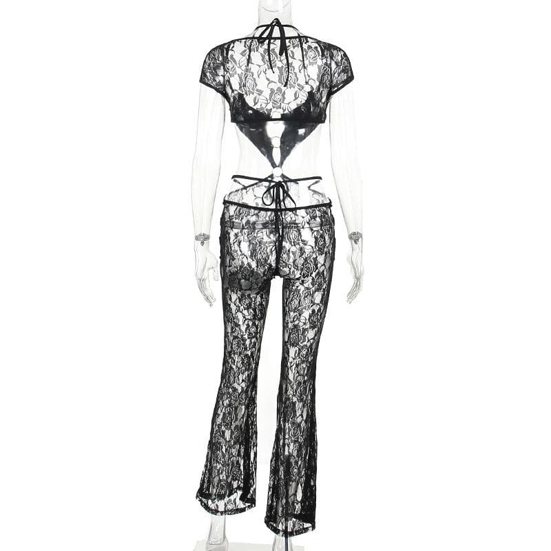 Short sleeve halter o ring lace hollow out jumpsuit