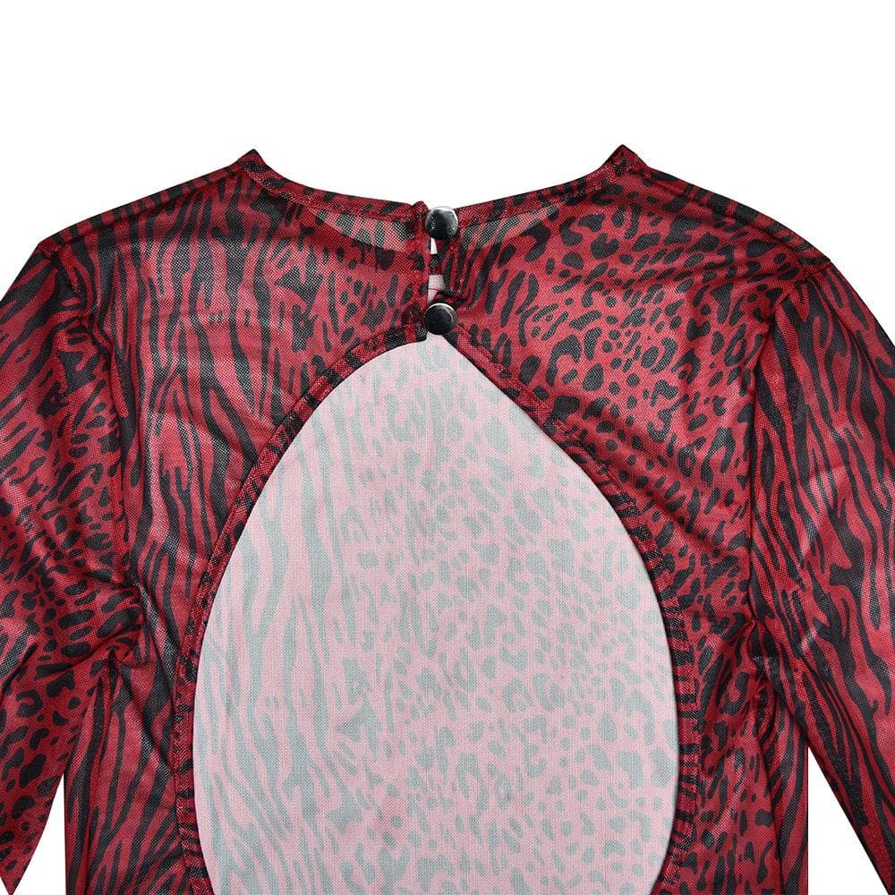 Long flared sleeve tiger print sheer mesh backless maxi dress