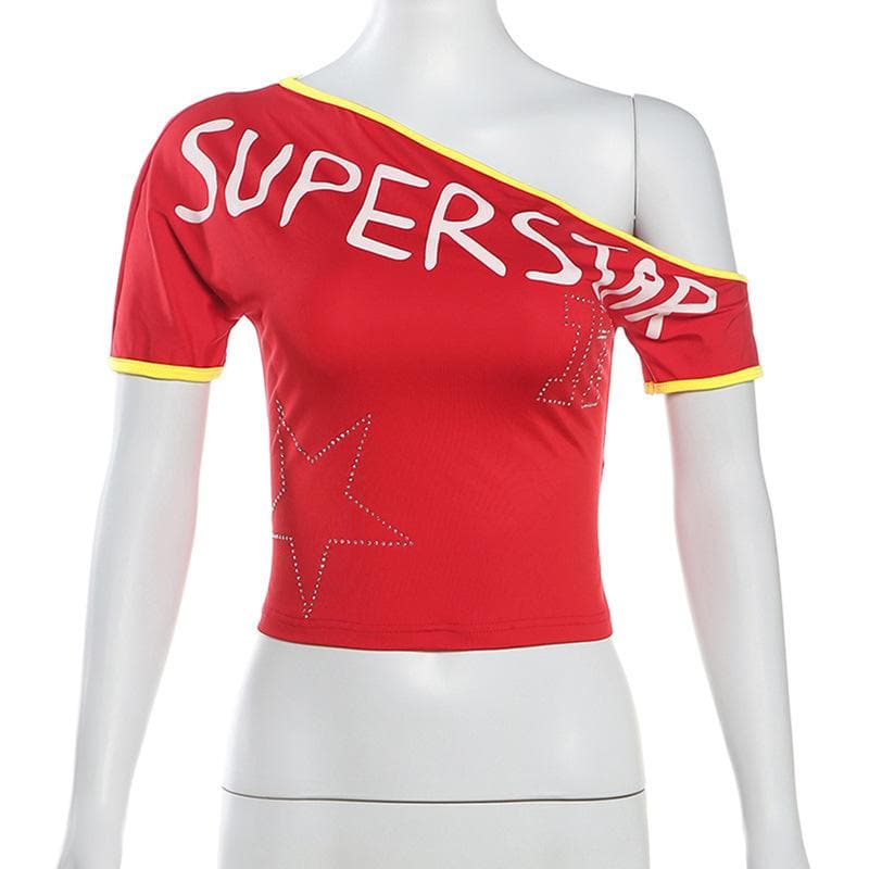 Short sleeve one shoulder “super star” print top