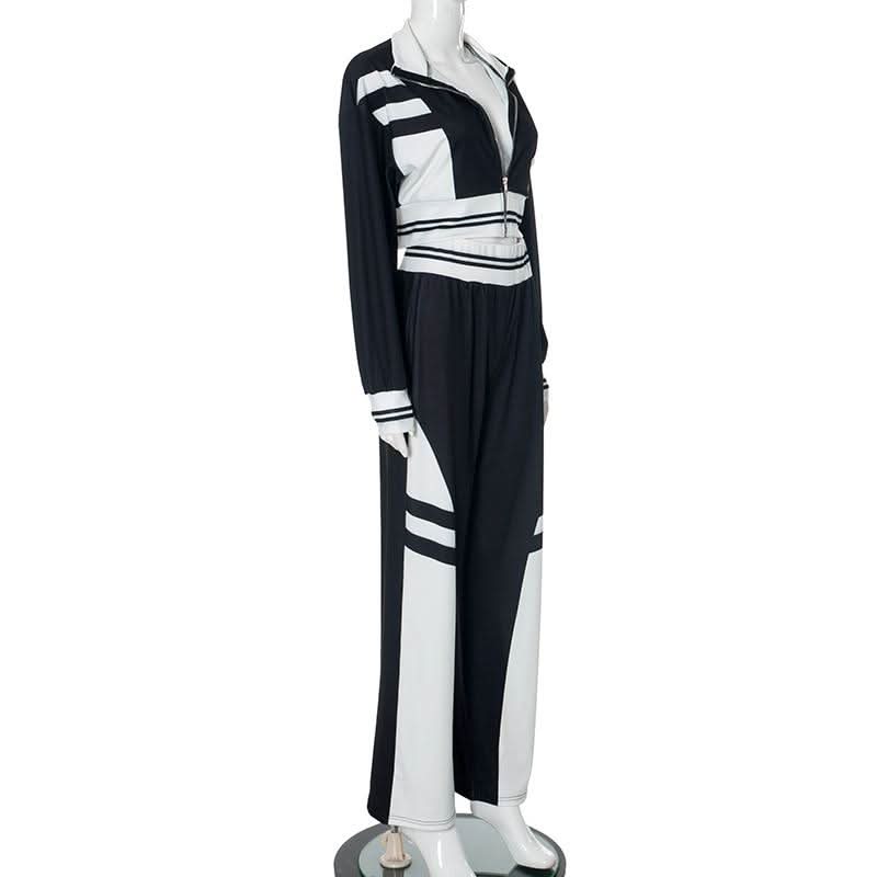 Turnover collar zip-up contrast sports pants set