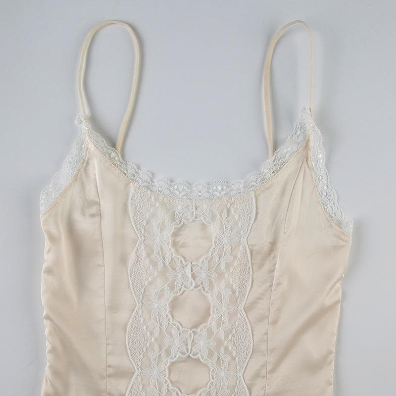 Lace patchwork satin ruffle cami bodysuit