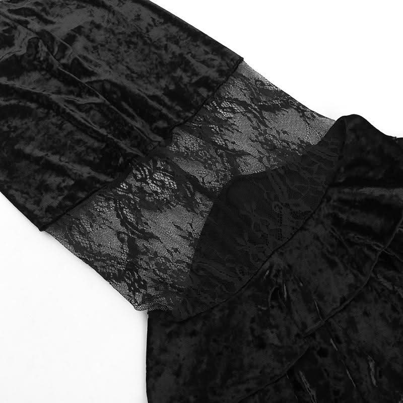 Velvet lace patchwork ruched ruffle maxi skirt