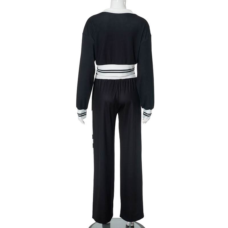 Turnover collar zip-up contrast sports pants set