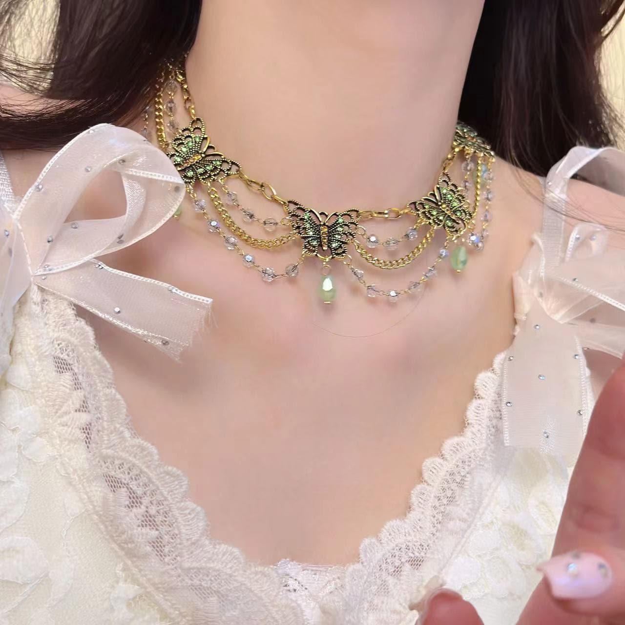 Layered green butterfly pendant choker necklace
