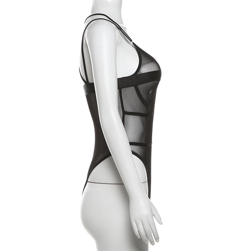 Stitch mesh patchwork cross back cami bodysuit