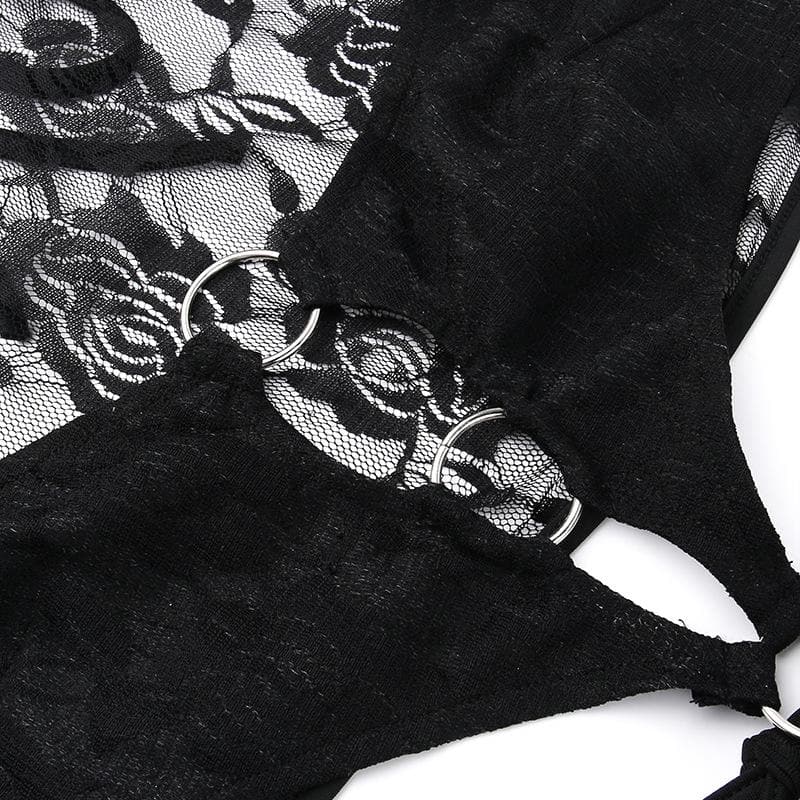 Short sleeve halter o ring lace hollow out jumpsuit