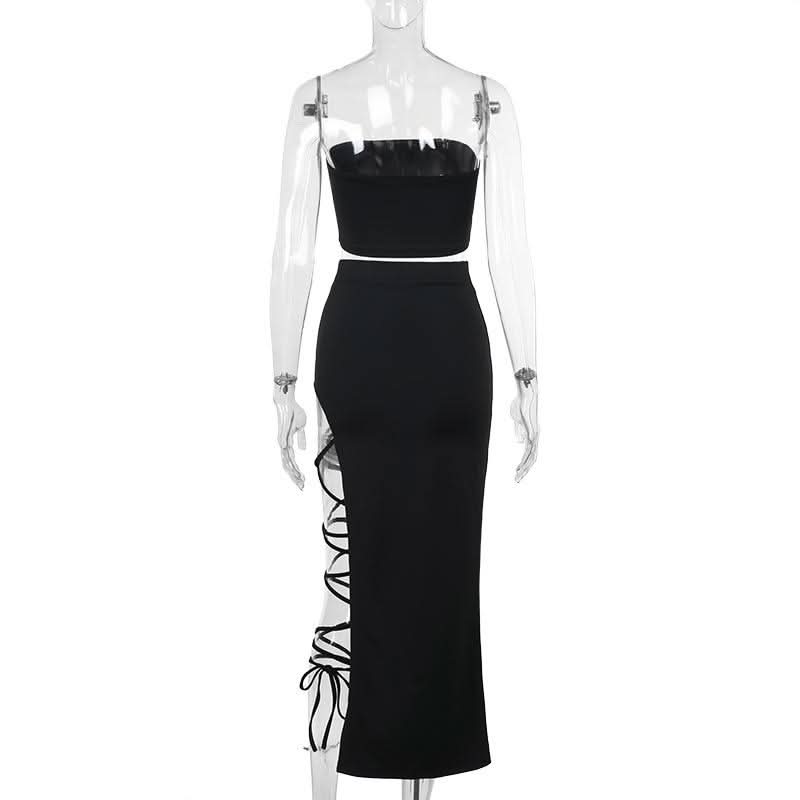 Irregular slit self tie solid tube midi skirt set