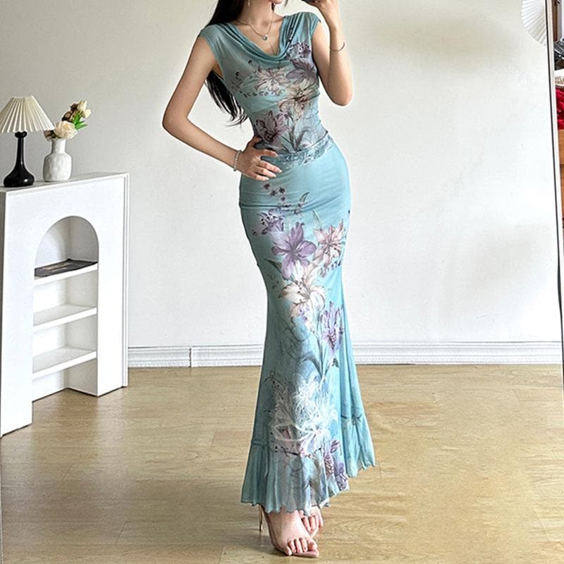 Ruched ruffle cowl neck flower print mesh maxi skirt set