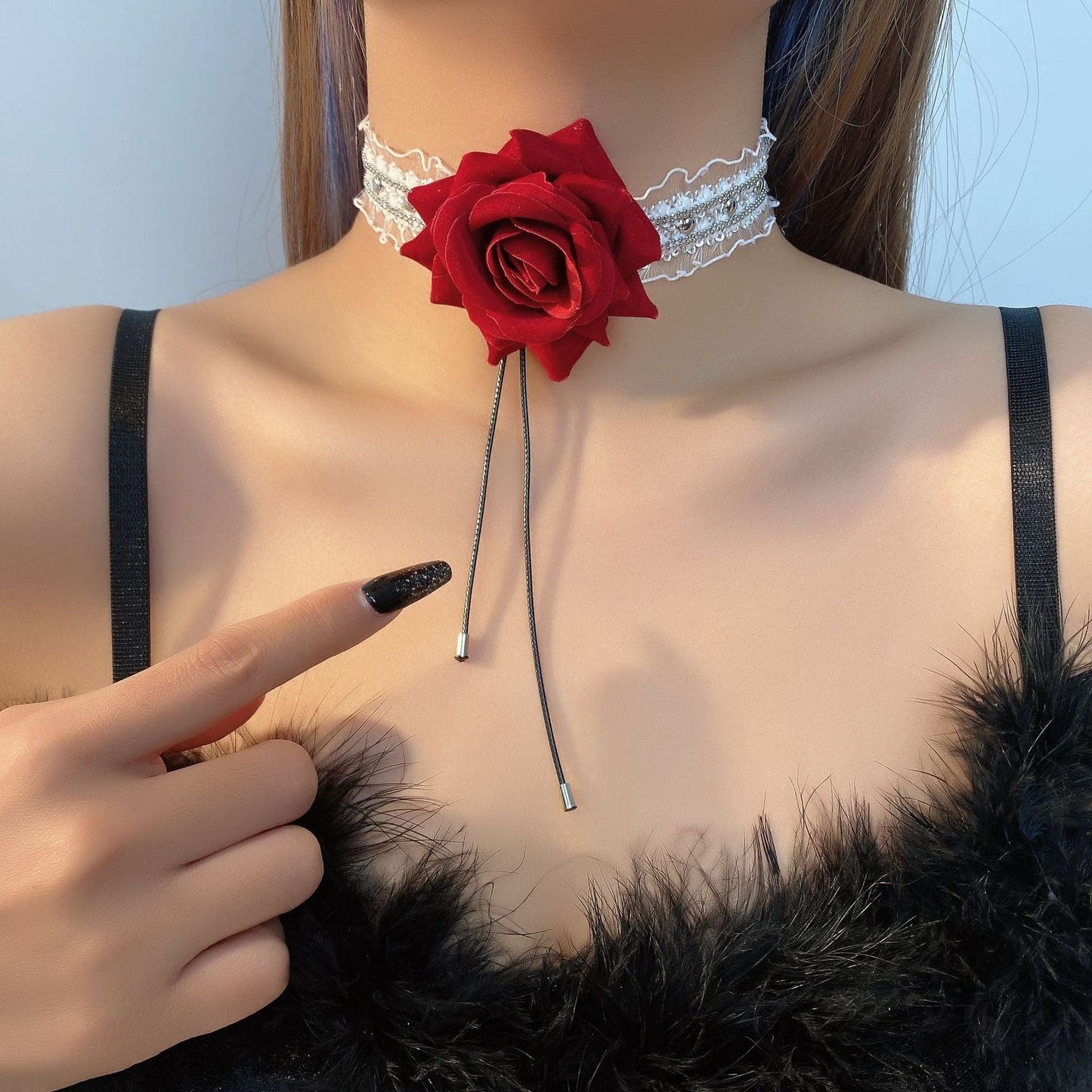 Flower decor ruffle lace choker necklace