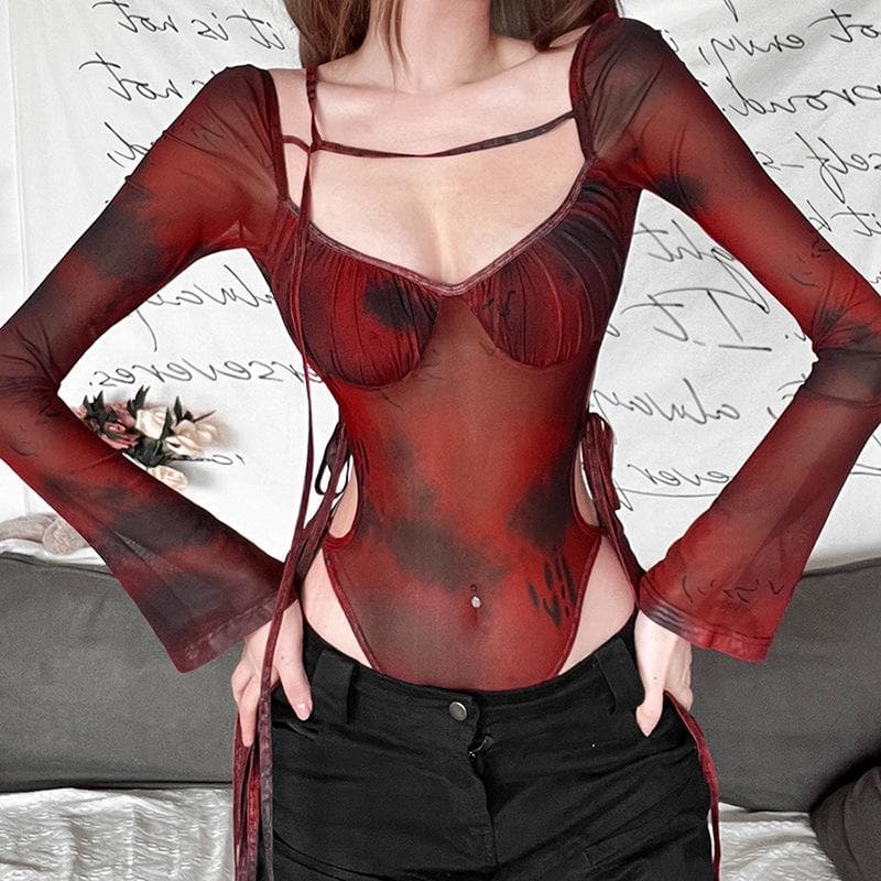 Long sleeve ruched mesh tie dye bodysuit