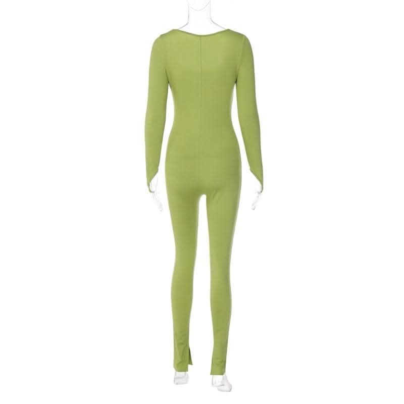Long sleeve solid u neck slit jumpsuit- Final Sale-final-sale