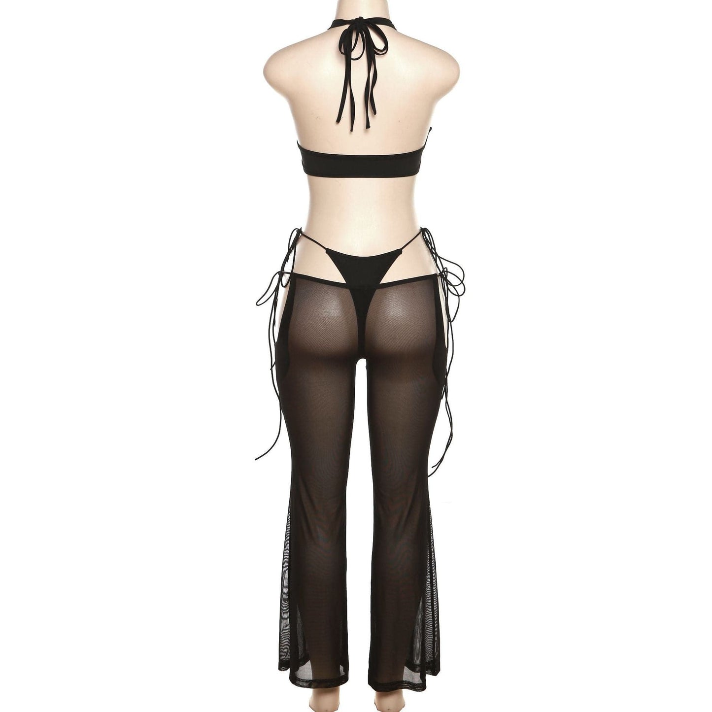 Halter self tie hollow out low cut backless mesh bodysuit pant set-final-sale