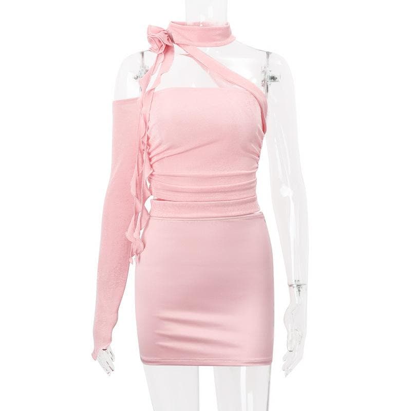 Solid irregular flower applique hollow out zip-up mini skirt set