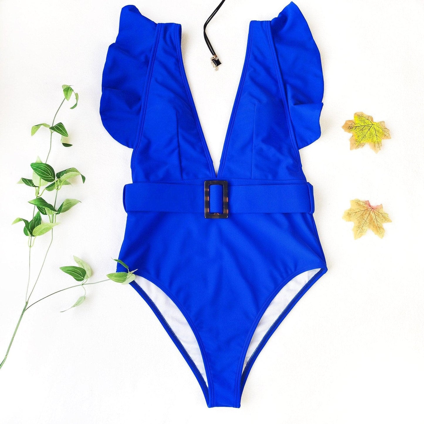 V neck ruffled one piece swimwear