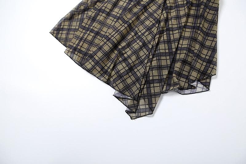 Plaid ruched drawstring mesh irregular midi skirt