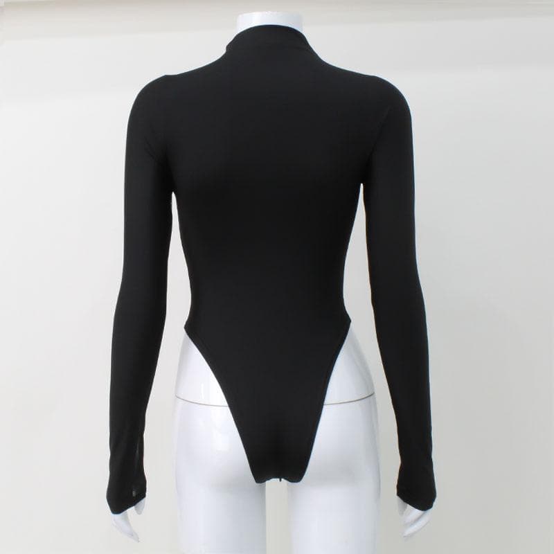 Long sleeve high neck mesh patchwork bodysuit