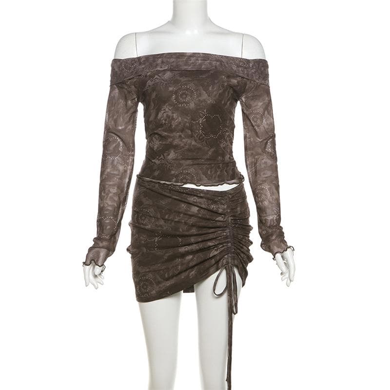 Long sleeve off shoulder ruffle ruched drawstring mini skirt set