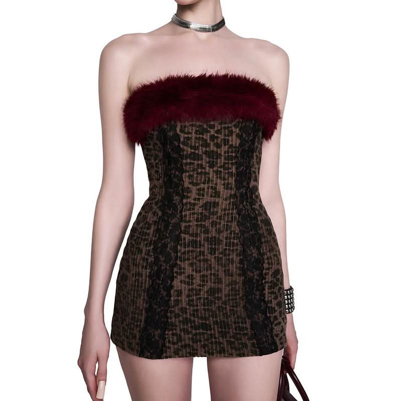 Fluffy print contrast backless tube mini dress