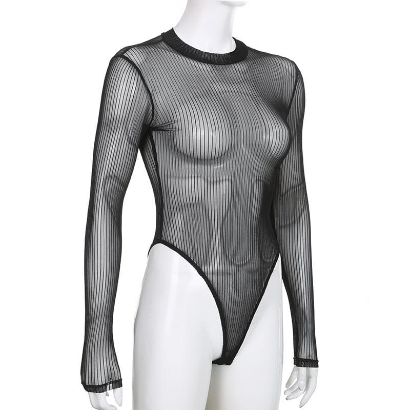 Long sleeve sheer mesh striped bodysuit