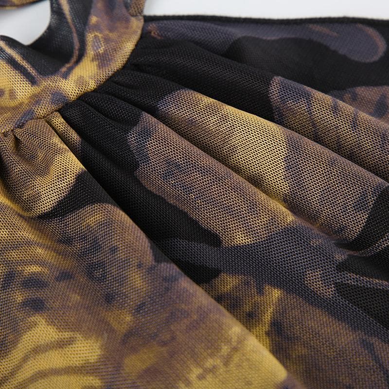 Halter butterfly print backless mesh maxi dress