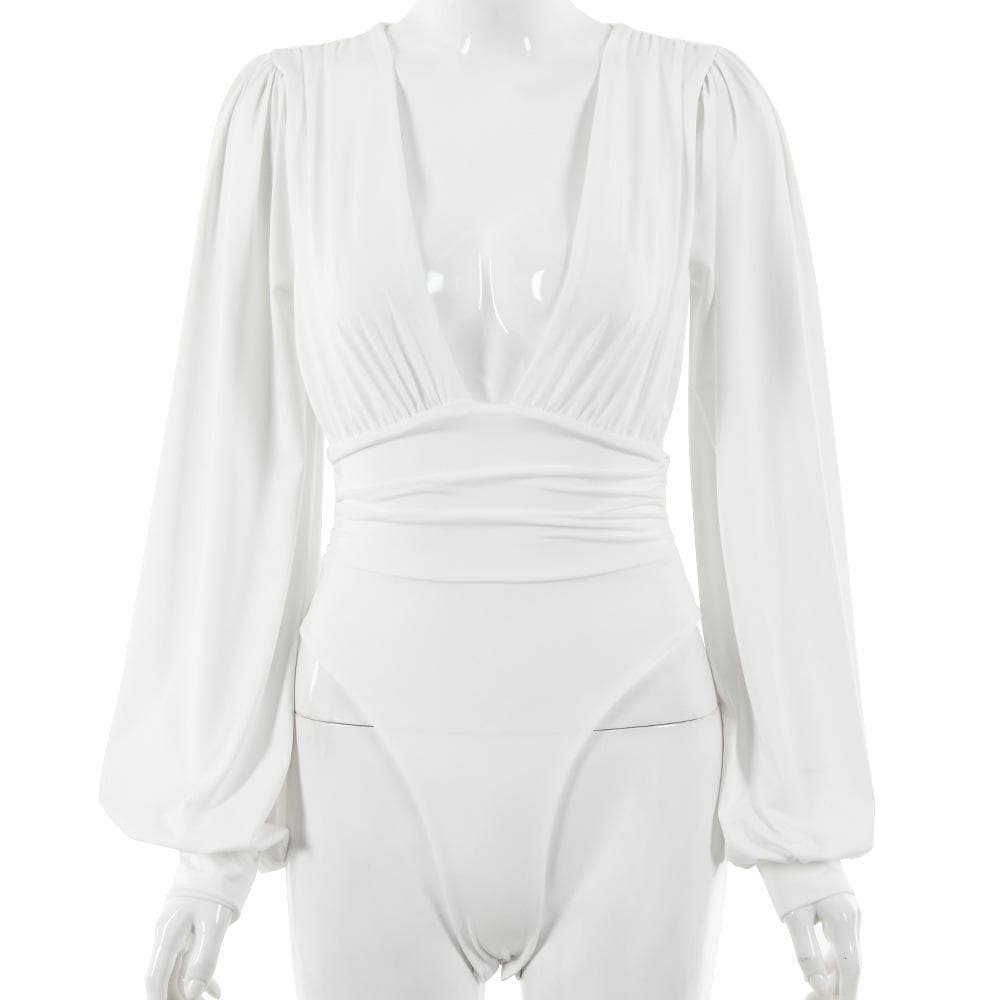 Halibuy Double layered deep v neck ruched solid bodysuit - Final Sale