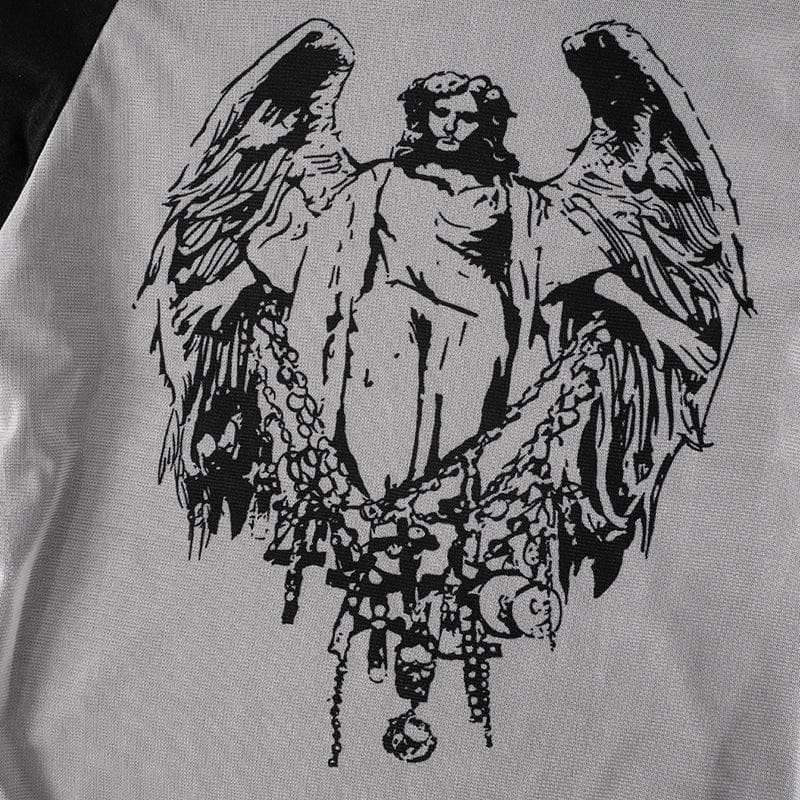 Long sleeve off shoulder ruched sheer mesh Jesus print top