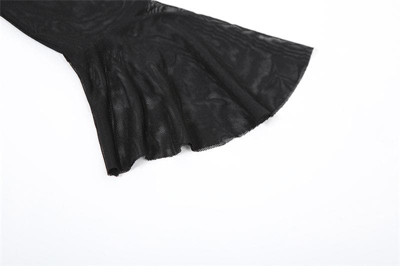 Long flared sleeve mesh see through lace up crop top