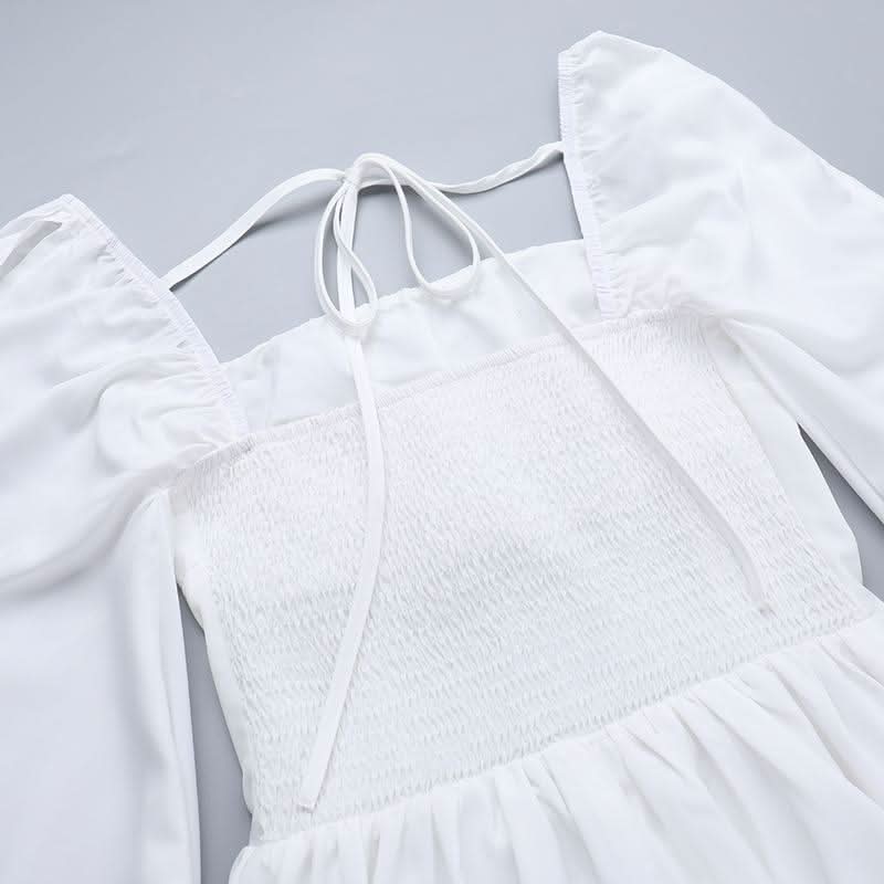Long sleeve self tie square neck smocked mini dress