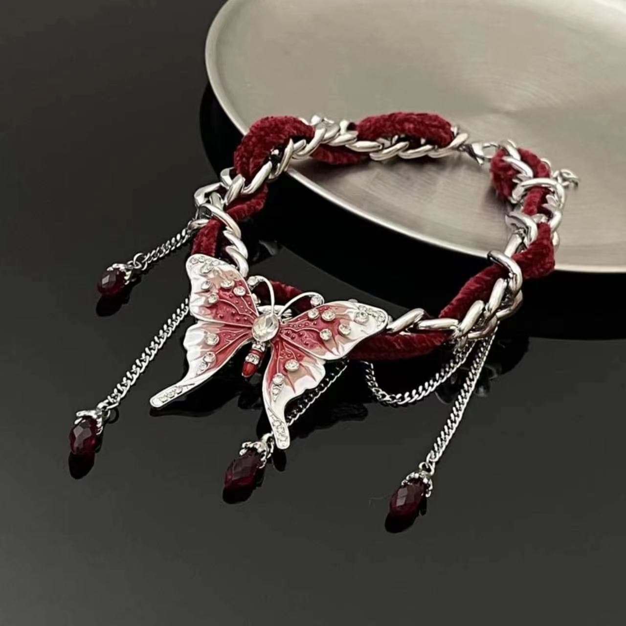 Red butterfly pendant fluffy choker necklace