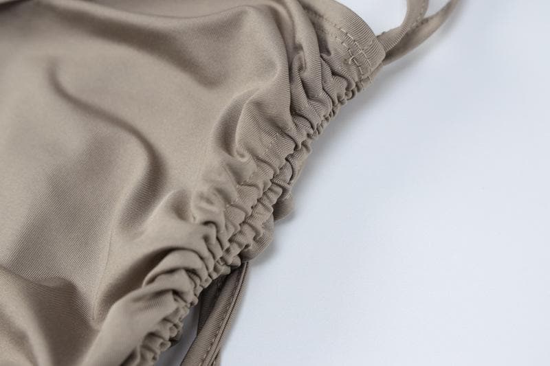 Long sleeve solid drawstring ruched one shoulder crop top skirt set