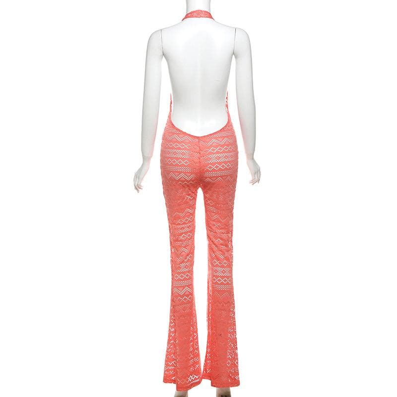 Halter low cut hollow out see through backless jumpsuit-final-sale
