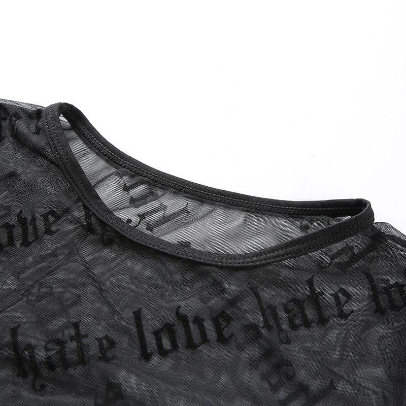 Sheer mesh "hate love" print see through solid long sleeve gloves top