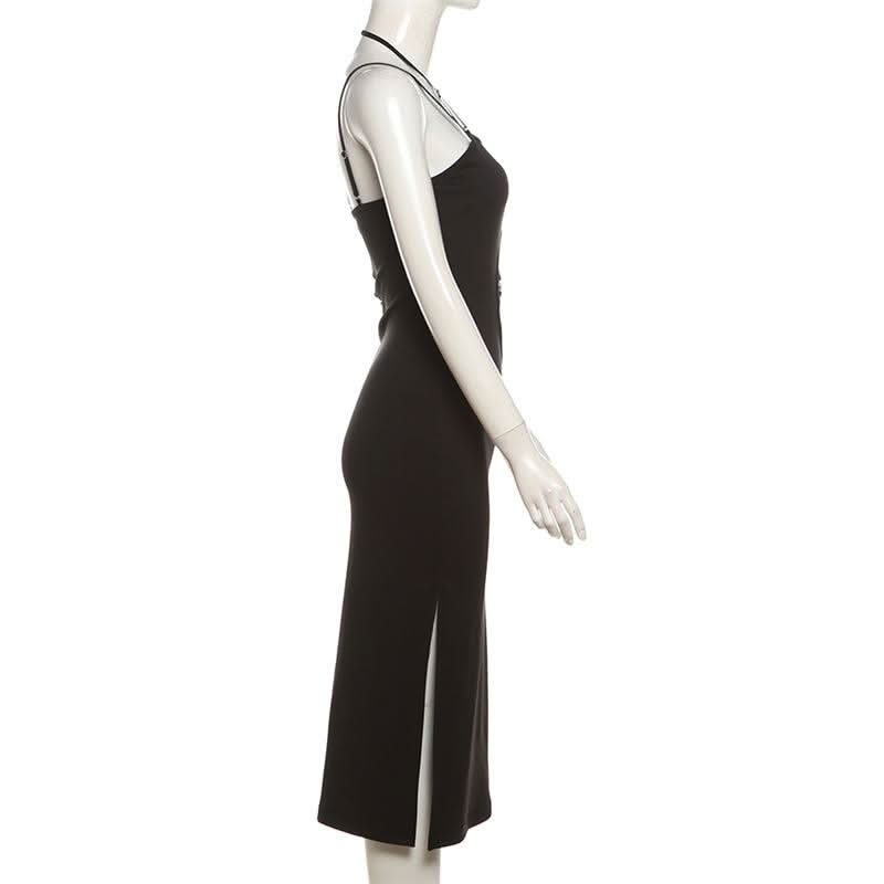 Irregular hollow out halter o ring cami slit cut out midi dress